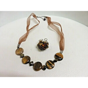 Tiger's Eye Necklace & Ring Set Striped Stone Beaded  Adjustable Ribbon
